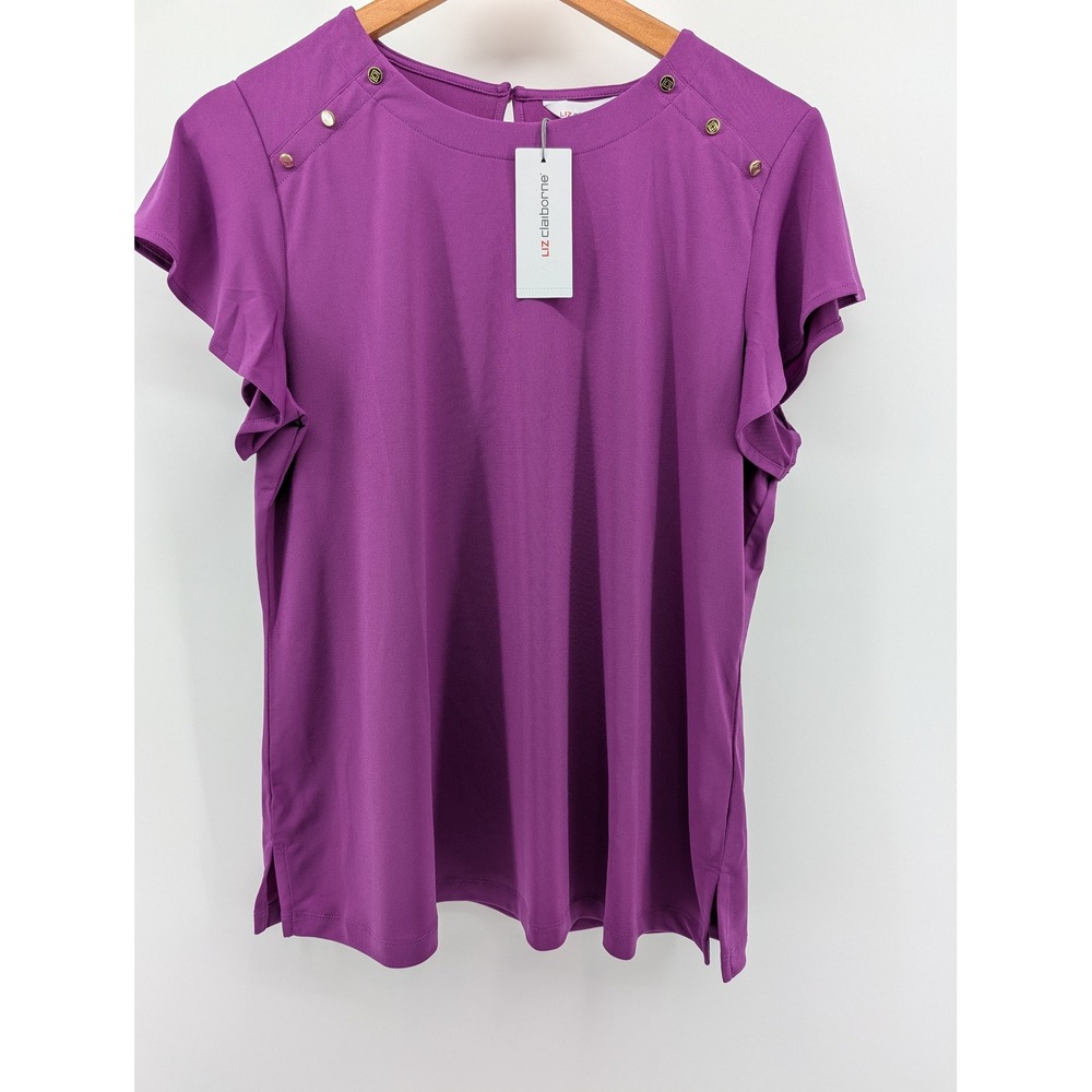 Liz Claiborne Blouse Womens PL Purple NEW Short Flutter Sleeve Button Shoulder
